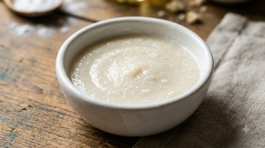 Close-up of a small bowl with the prepared DIY glowing skin remedy paste showing the texture of baking soda mixed with p