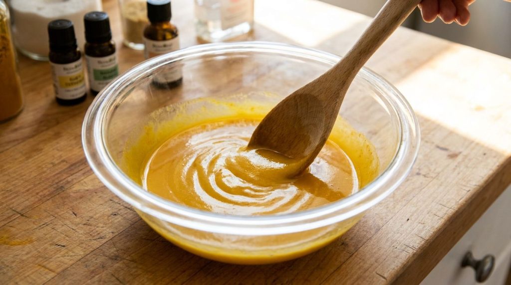 A close-up of a small bowl containing the melted Vaseline mixture with turmeric and baby oil being stirred gently