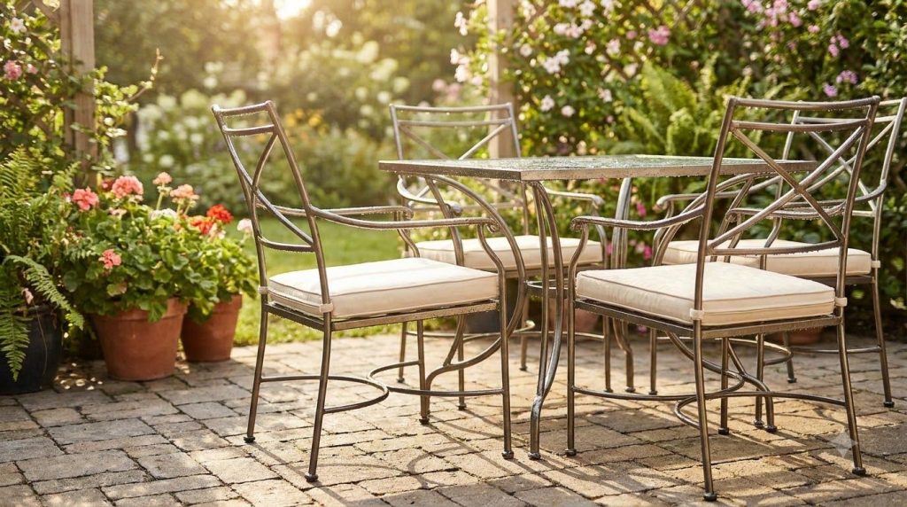 Clean outdoor patio furniture sparkling under the sun with lush green plants in the background