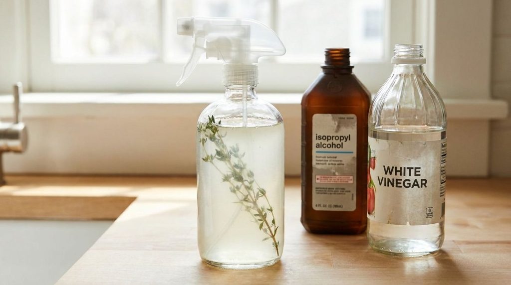 Close-up of a spray bottle with a homemade cleaning solution next to a bottle of isopropyl alcohol and a bottle of white