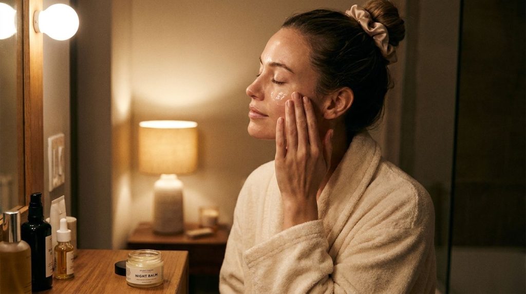 A woman gently applying a balm to her face at night emphasizing hydration and smooth skin with soft lighting
