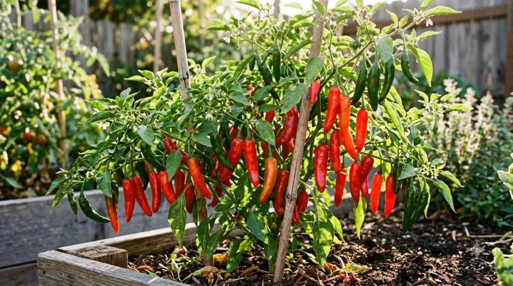 A vibrant healthy chili plant laden with numerous ripe red and green chili peppers showcasing a successful and bountiful