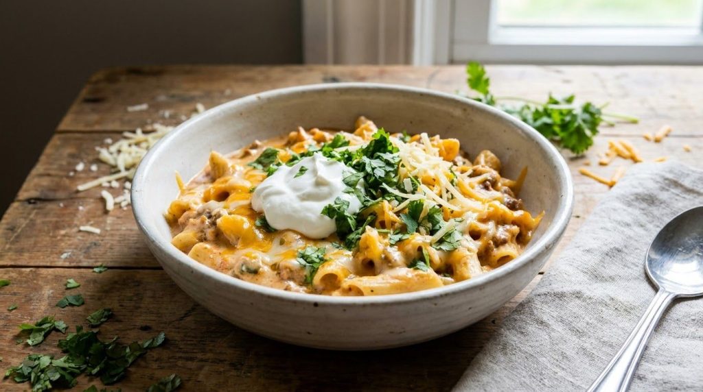 Serving of cheesy slow cooker taco pasta with toppings