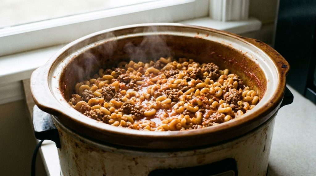 Slow cooker with cooked taco pasta ready for cheese