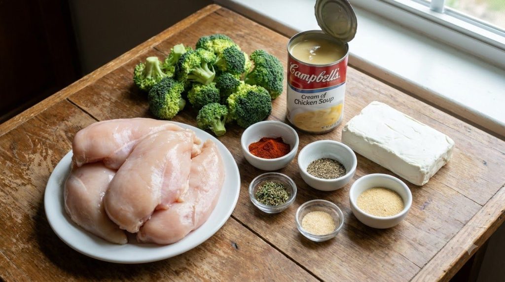 All the ingredients for creamy chicken and broccoli slow cooker meal laid out on a counter chicken broccoli cream cheese