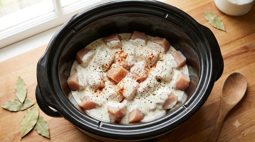 Cubed chicken and creamy sauce ingredients mixed together in a slow cooker before cooking