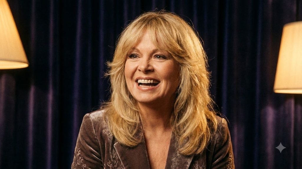 A portrait of Sally Struthers from the 1970s smiling warmly with a classic 70s hairstyle The image should have an elegan
