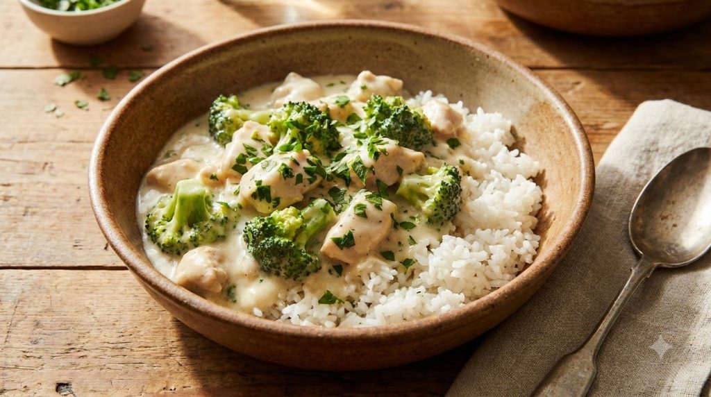A bowl of creamy chicken and broccoli served over rice garnished with fresh parsley