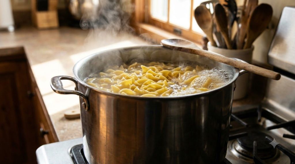 A large pot of egg noodles boiling on a stove with steam gently rising