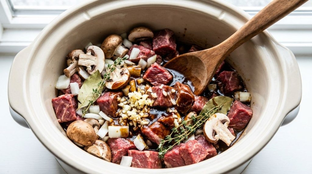 Raw beef cubes sliced mushrooms chopped onions and other sauce ingredients being mixed together in a slow cooker insert 