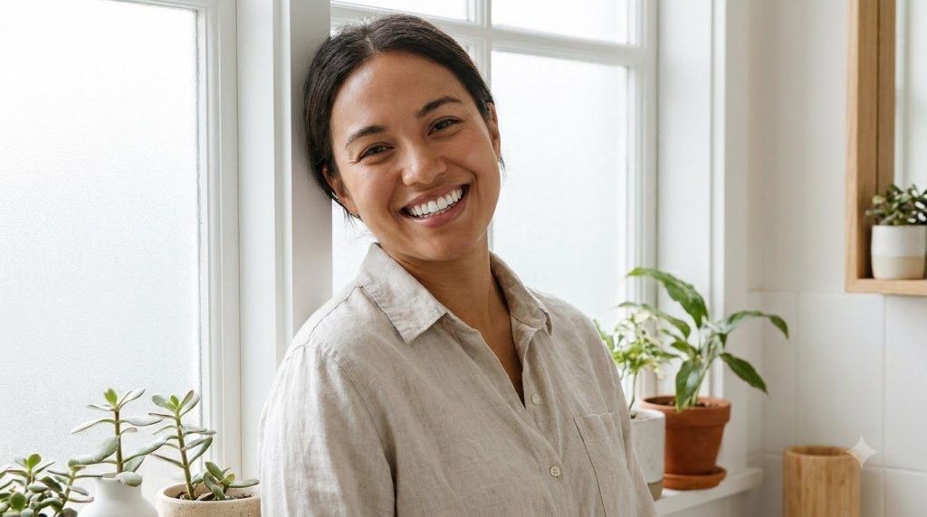 A person smiling brightly showcasing healthy clean teeth with a subtle natural glow The image should convey confidence a