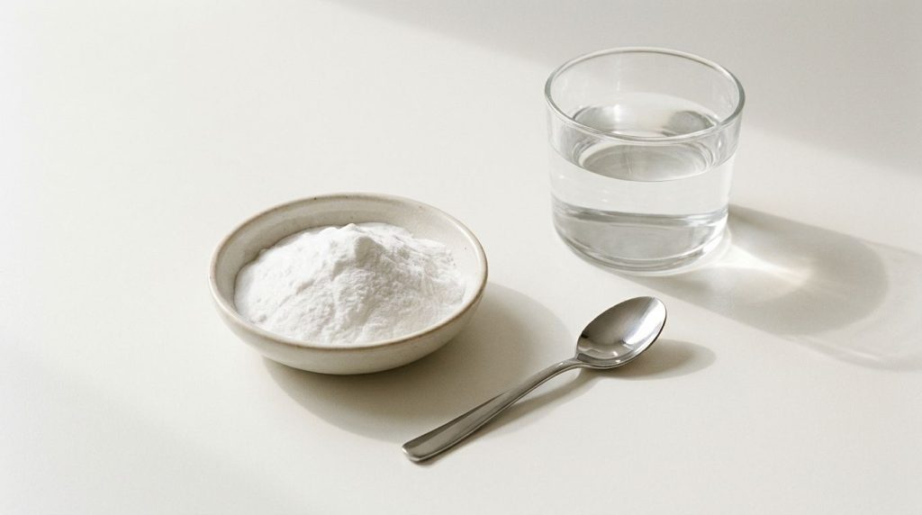 Ingredients for a DIY teeth whitening paste a small bowl with baking soda a spoon and a glass of water on a light backgr