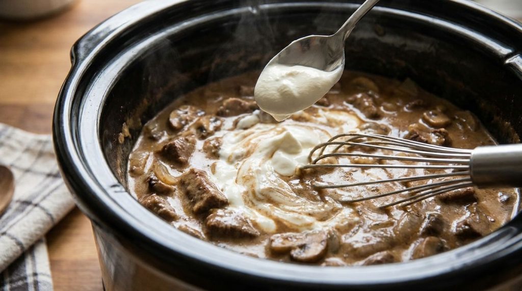 A spoonful of sour cream being stirred into the hot creamy beef stroganoff sauce in a slow cooker with a whisk