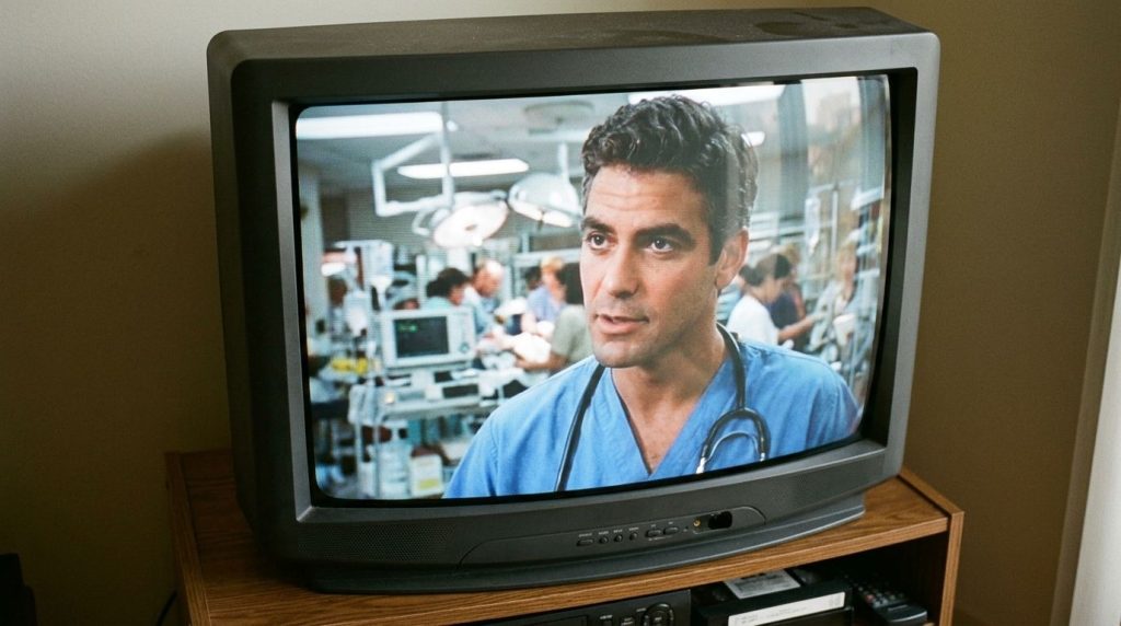 A retro 90s television screen showing a scene from the TV show ER featuring a young George Clooney in scrubs looking ser