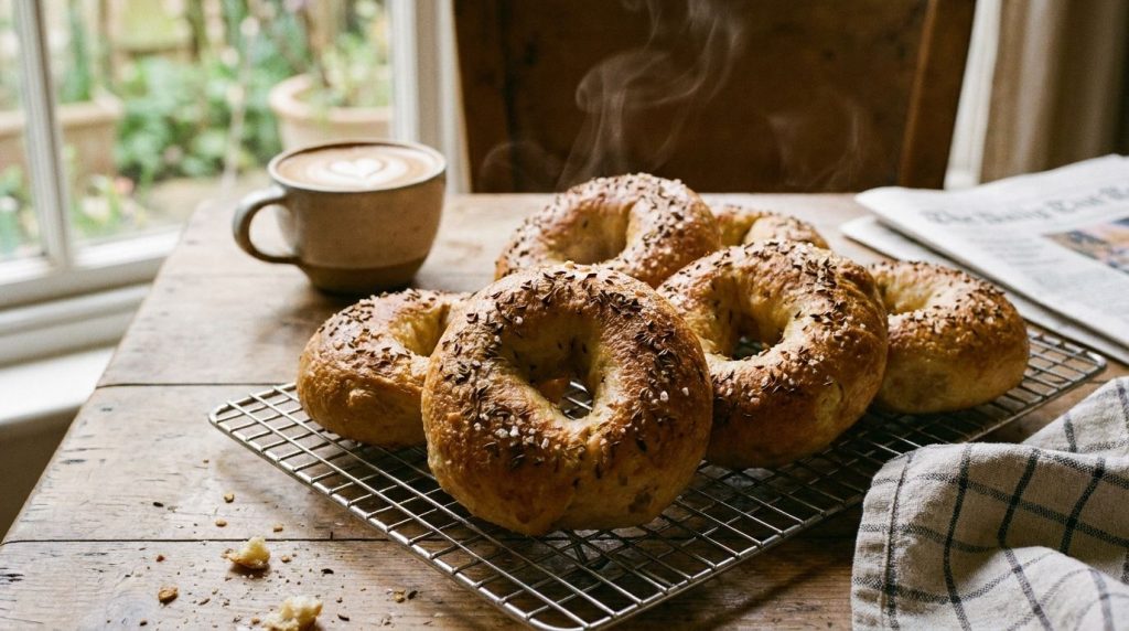 Bagels de patata dorados y recién horneados sobre una rejilla con una taza de café al fondo