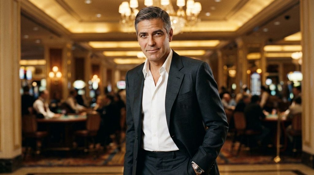 A promotional image of George Clooney in a sleek suit looking confident and sophisticated from the Ocean s Eleven movie 