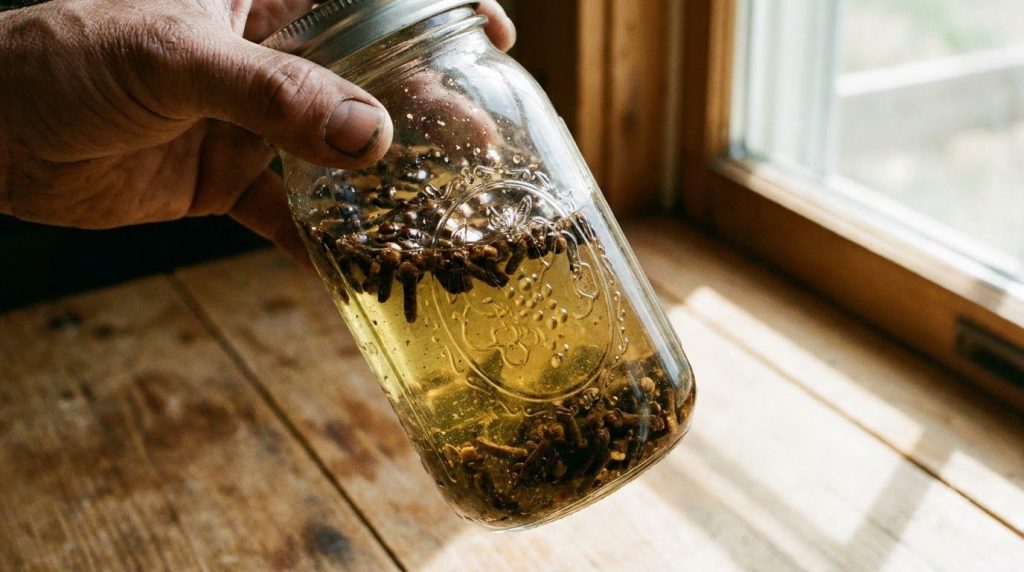 Close-up of a hand gently shaking a glass jar containing cloves submerged in a carrier oil illustrating the infusion pro
