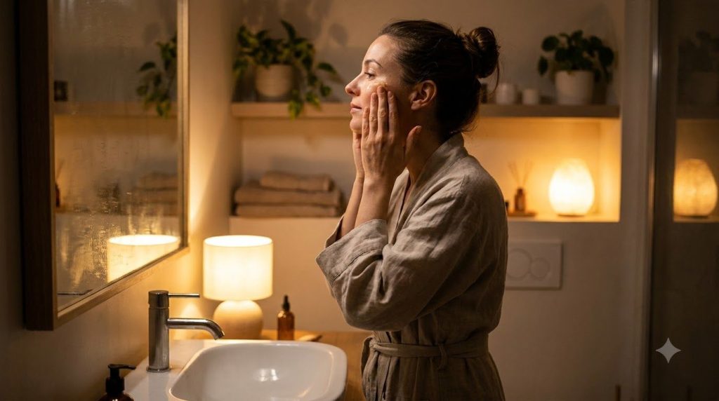 A woman gently massaging a few drops of oil onto her clean face at night with a soft warm glow on her skin