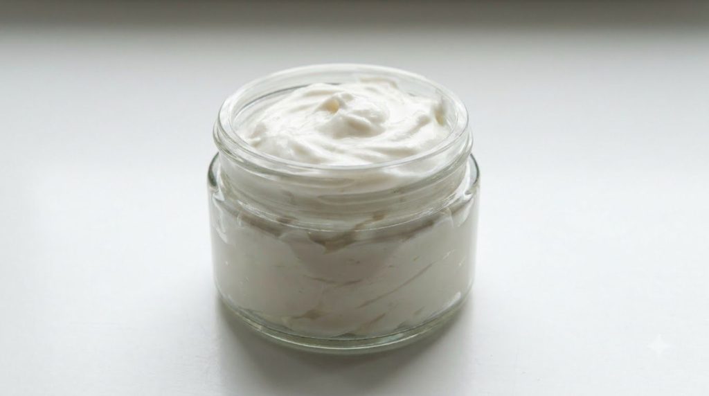 A small glass jar containing a white creamy homemade mixture with a smooth texture ready for application