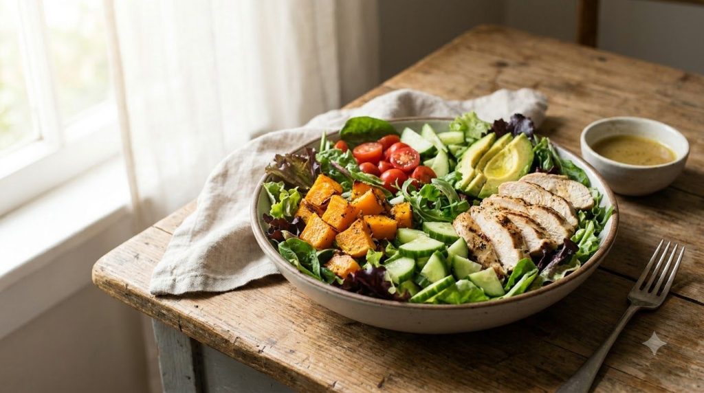 A vibrant healthy lunch featuring a large salad with mixed greens colorful vegetables like bell peppers and cucumber top