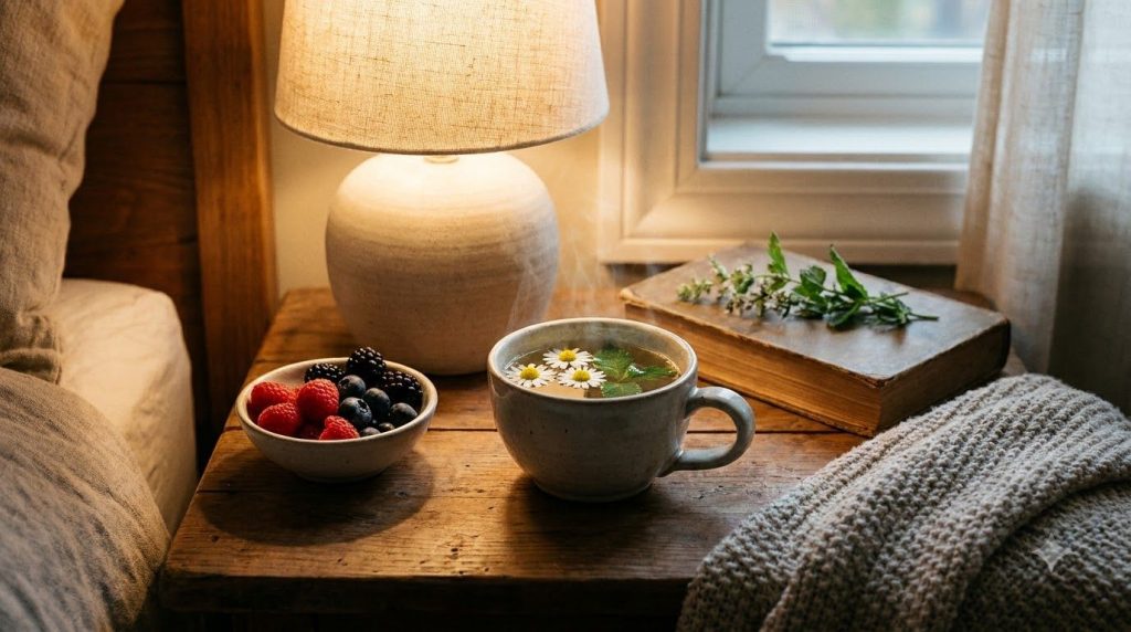 A comforting cup of herbal tea like chamomile or peppermint steaming gently on a bedside table next to a small bowl of f