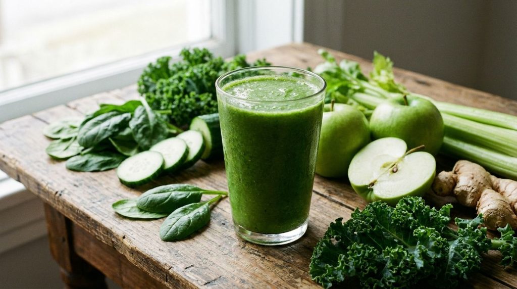 Close-up of a vibrant green juice in a glass surrounded by fresh ingredients like spinach kale cucumber and green apples