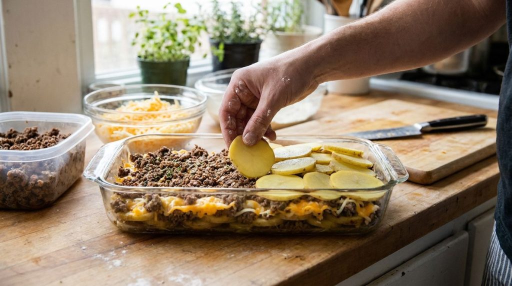 A rectangular baking dish with layers of thinly sliced potatoes seasoned ground beef and shredded cheese A hand is gentl