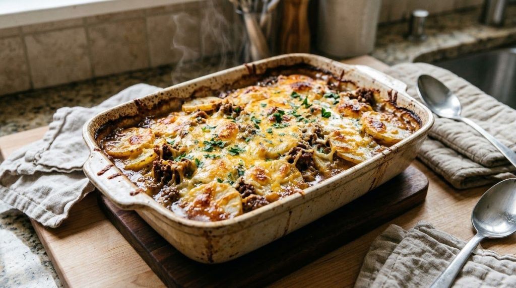 A golden brown bubbly Hearty Potato and Beef Casserole fresh out of the oven The cheese on top is melted and slightly cr