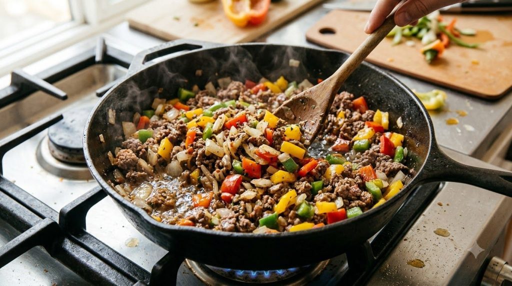 A large skillet on a stovetop filled with browning ground beef chopped onions and colorful bell peppers A wooden spoon i