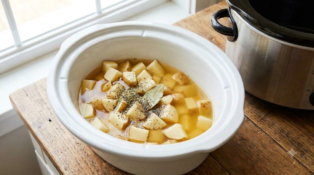 Diced potatoes broth and seasonings in a slow cooker before cooking