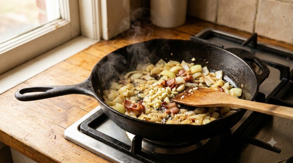 Chopped onions and minced garlic sautéing in a skillet with bacon fat