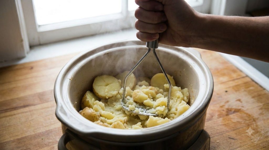 A potato masher mashing tender potatoes in a slow cooker