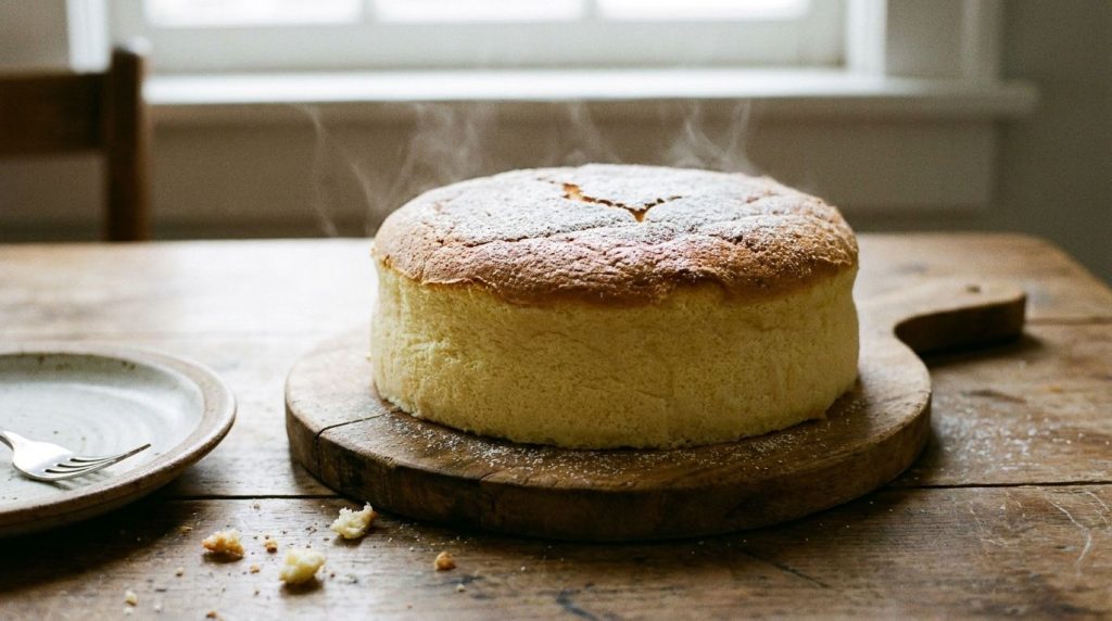 Un cheesecake soufflé japonés recién horneado esponjoso y ligeramente dorado sobre una tabla de madera