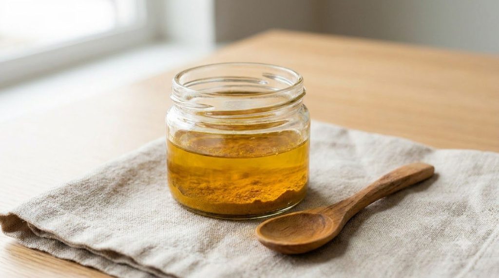 Un recipiente de vidrio pequeño y limpio con una mezcla dorada de aceite de bebé y cúrcuma junto a una cuchara de madera
