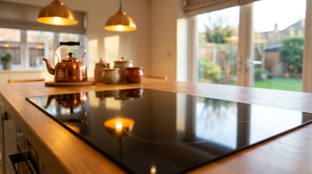 A clean sparkling ceramic stovetop reflecting the kitchen lights after being cleaned with the homemade solution No visib