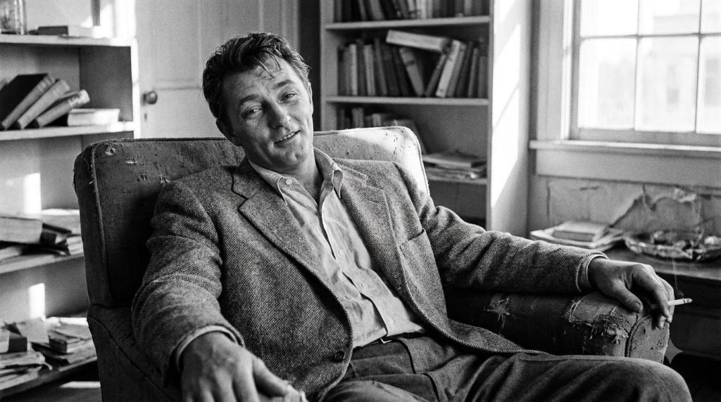 A real publicity photo of Robert Mitchum from the 1950s highlighting his characteristic casual and cool demeanor