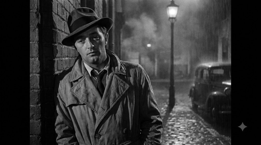 A real film still of Robert Mitchum from a classic film noir possibly Out of the Past or The Night of the Hunter showcas