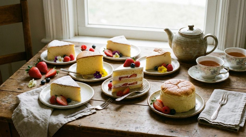 A beautifully arranged dessert table featuring slices of Japanese Cotton Cheesecake Castella Cake Strawberry Shortcake a