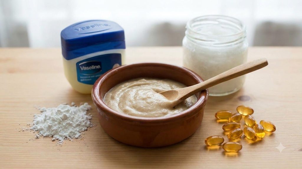 Close-up of a DIY beauty mix in a small bowl showing its creamy texture with the individual ingredients vaseline cornsta