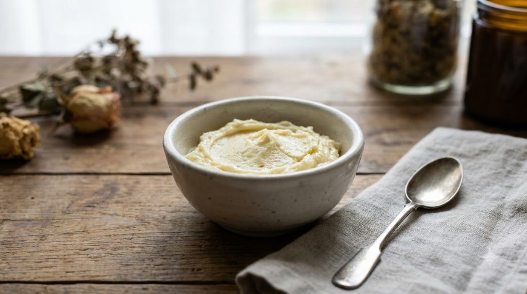 A small clean bowl containing a creamy light yellow homemade mixture ready for application with ingredients like Vaselin