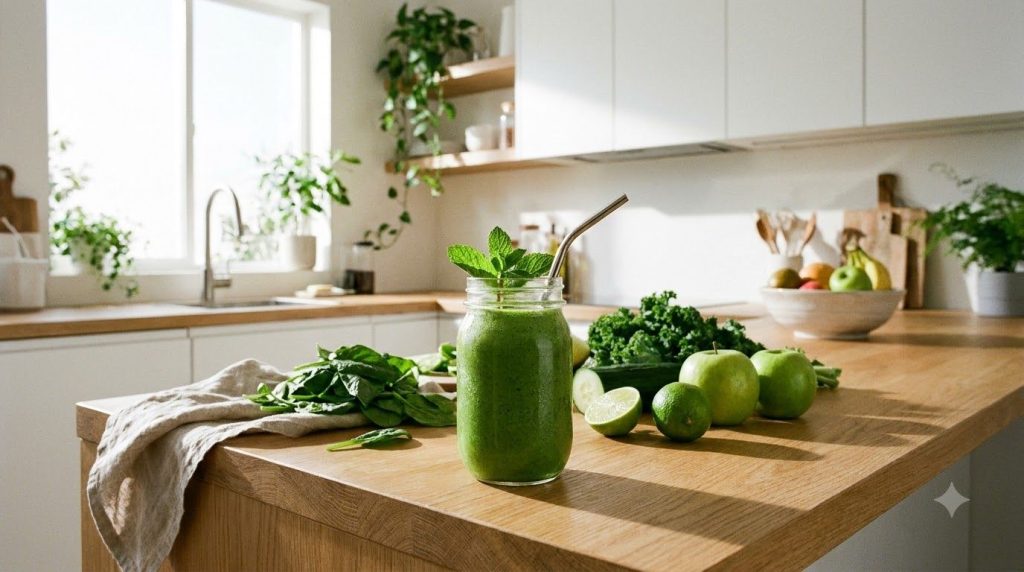A vibrant green smoothie in a glass jar with spinach green apple and cucumber garnished with fresh mint against a bright