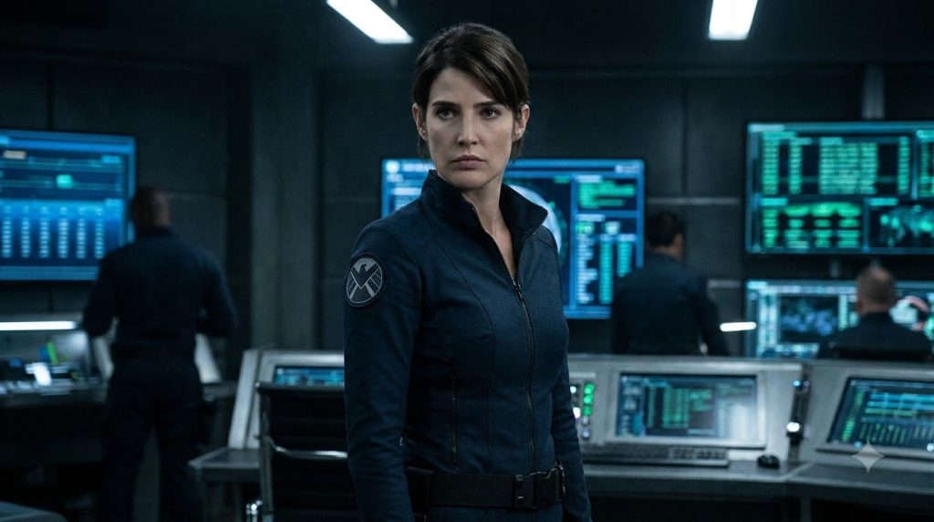 Cobie Smulders as Agent Maria Hill wearing a serious expression in a S H I E L D uniform in a high-tech slightly futuris