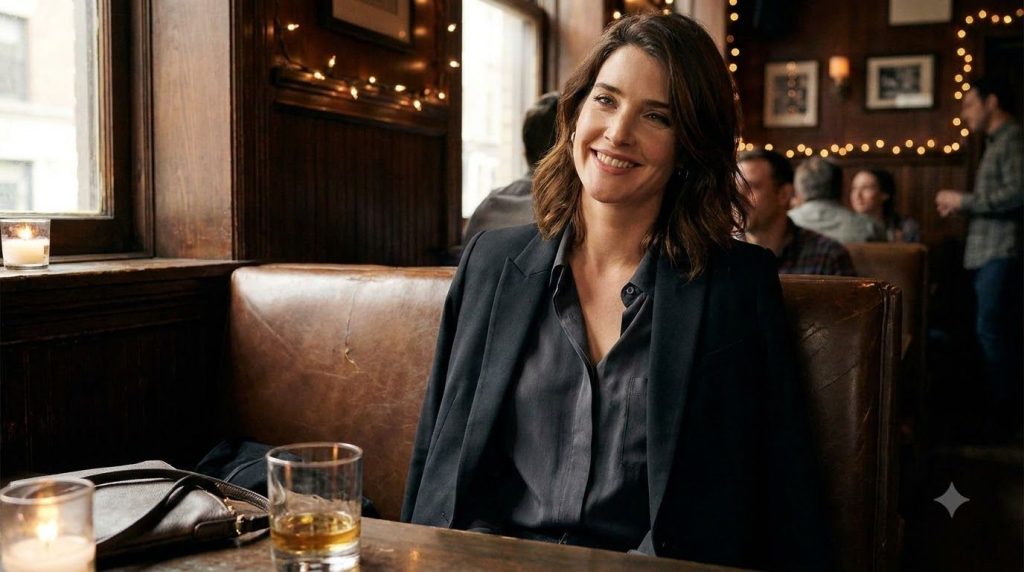 Cobie Smulders as Robin Scherbatsky in How I Met Your Mother looking chic and slightly sassy in an urban setting possibl