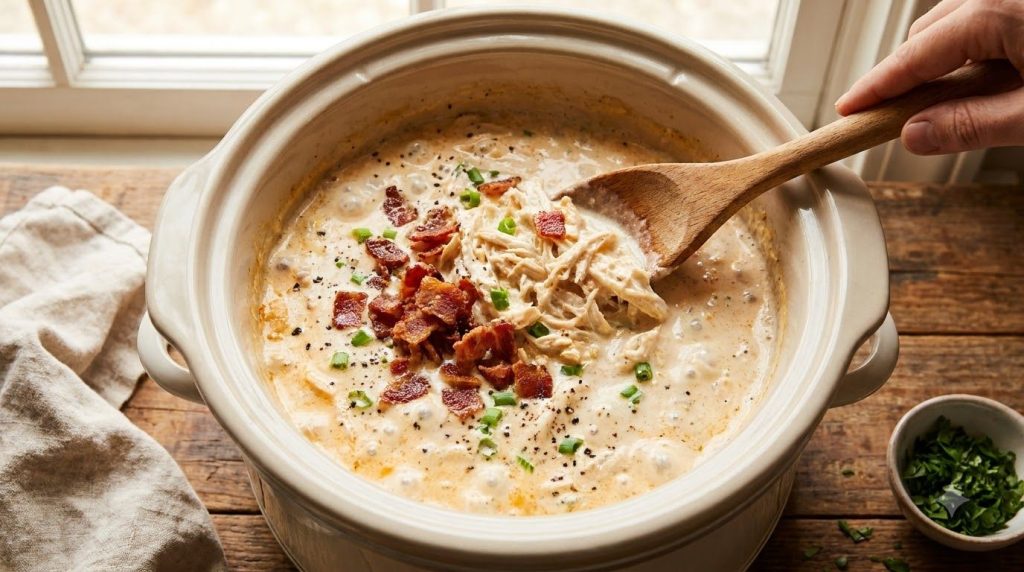 Shredded creamy ranch chicken being stirred into the sauce in a slow cooker with crumbled bacon added