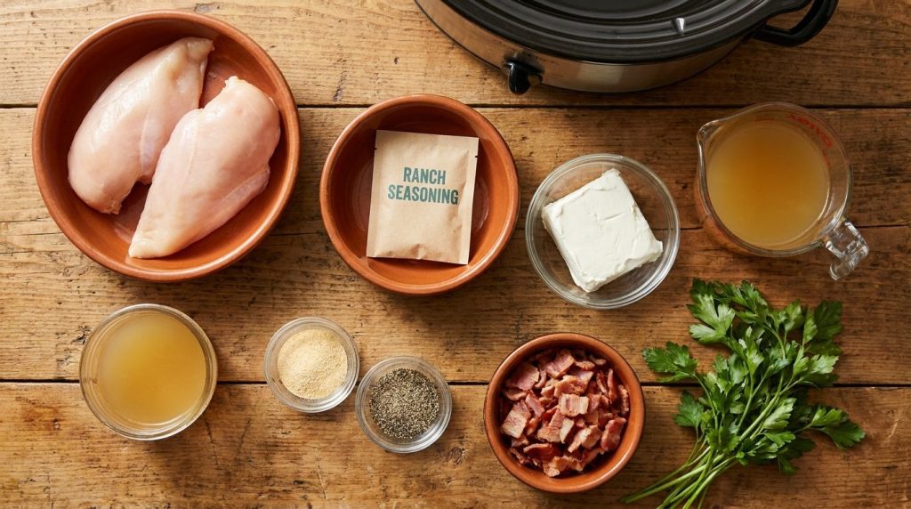 All ingredients for creamy ranch chicken slow cooker recipe laid out raw chicken ranch seasoning cream cheese chicken br
