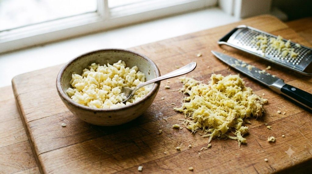 A bowl of minced garlic and grated ginger ready for the sauce