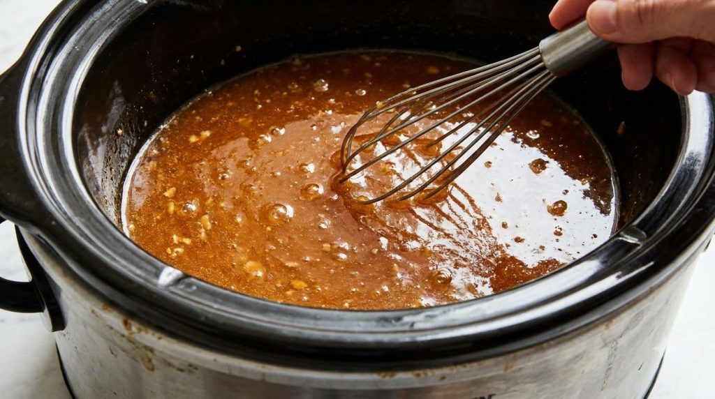 A close-up of the honey garlic sauce thickening in the slow cooker after cornstarch has been added