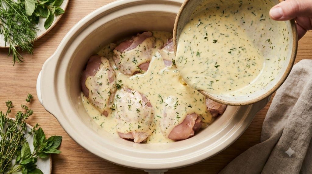 Creamy herb sauce being poured over chicken pieces in a slow cooker