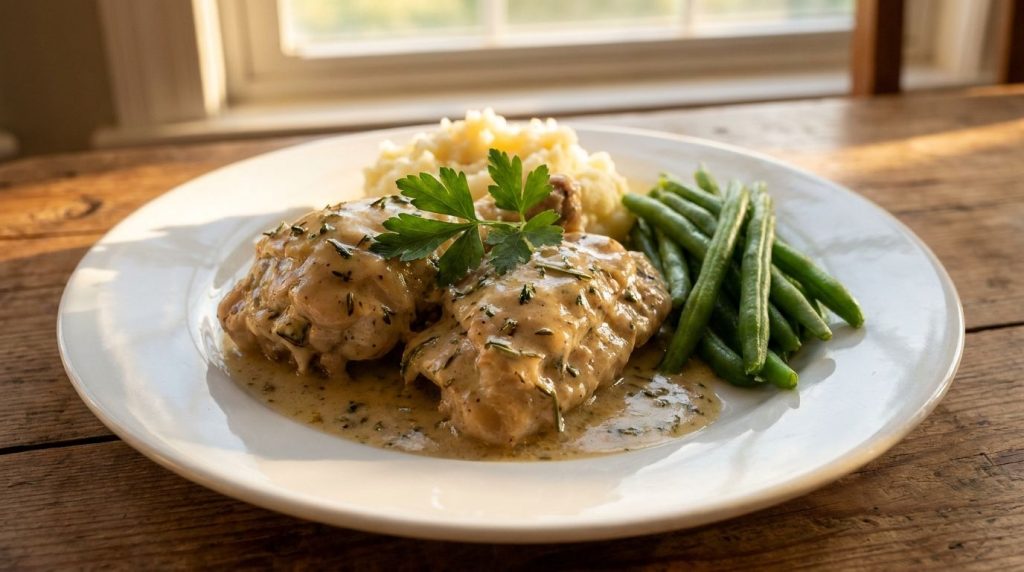Cooked tender slow cooker creamy herb chicken being served on a plate with mashed potatoes and green beans