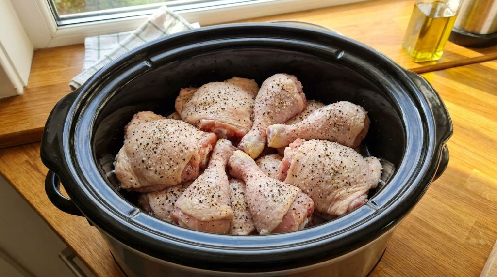 Raw chicken pieces seasoned with salt and pepper arranged in the bottom of a slow cooker